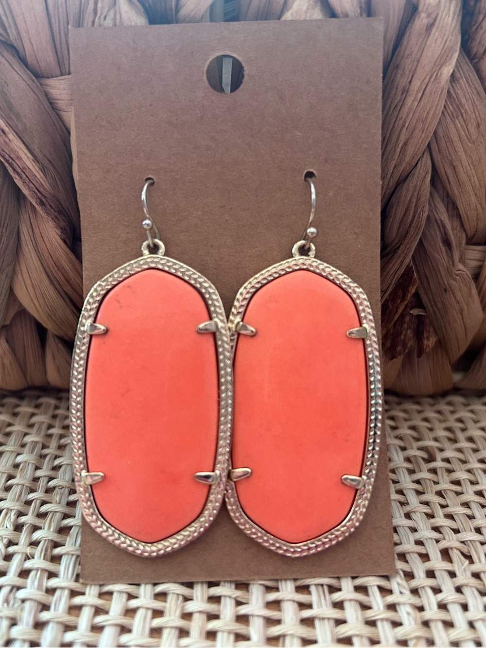 Kendra Scott Large Gold Tone Light Orange Coral Wire Dangle Earrings.